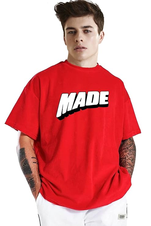 Tarshika Loose Fit Pure Cotton Drop Shoulder Red Color Printed Half Sleeve Oversized T-Shirt for Men